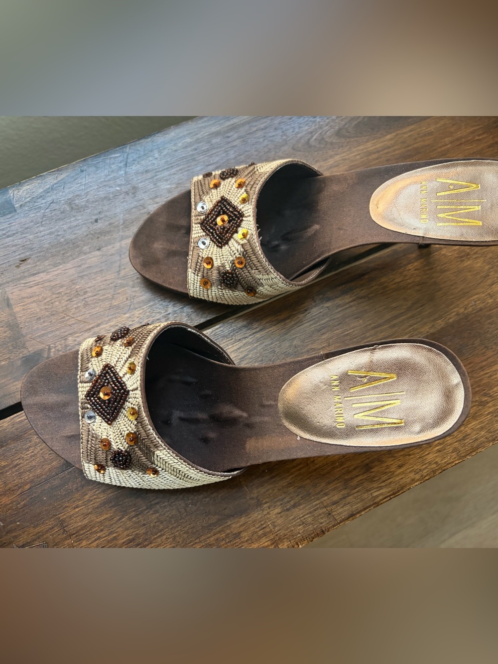 Ann Marino Beaded Slide Sandals in Beige and Brown